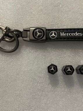 Mercedes-Benz Black Leather Keychain with Logo Tire Valve Caps